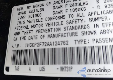 2010 Honda Accord 2.4 Ex from USA, damaged, VIN 1HGCP2F72AA124762